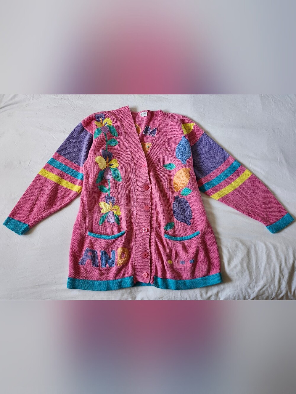 Vintage Pink Floral & Fruit Appliqué Cardigan Sweater